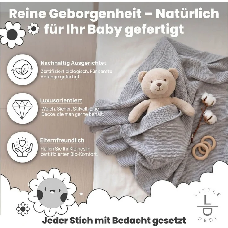 Babydecke Baby Strickdecke, %100 Bio Baumwolle, Atmungsaktiv, 80x100cm, Silber, Little Dedi – Bild 2