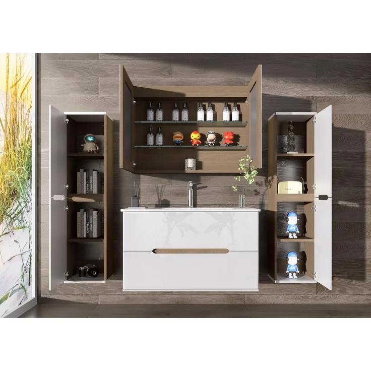 Homeline Badezimmermöbel Set Badmöbel Hochglanz Eiche/Weiß inkl LED Spiegelschrank Waschbecken 90cm (90, 4, 1x Hochschrank) – Bild 2