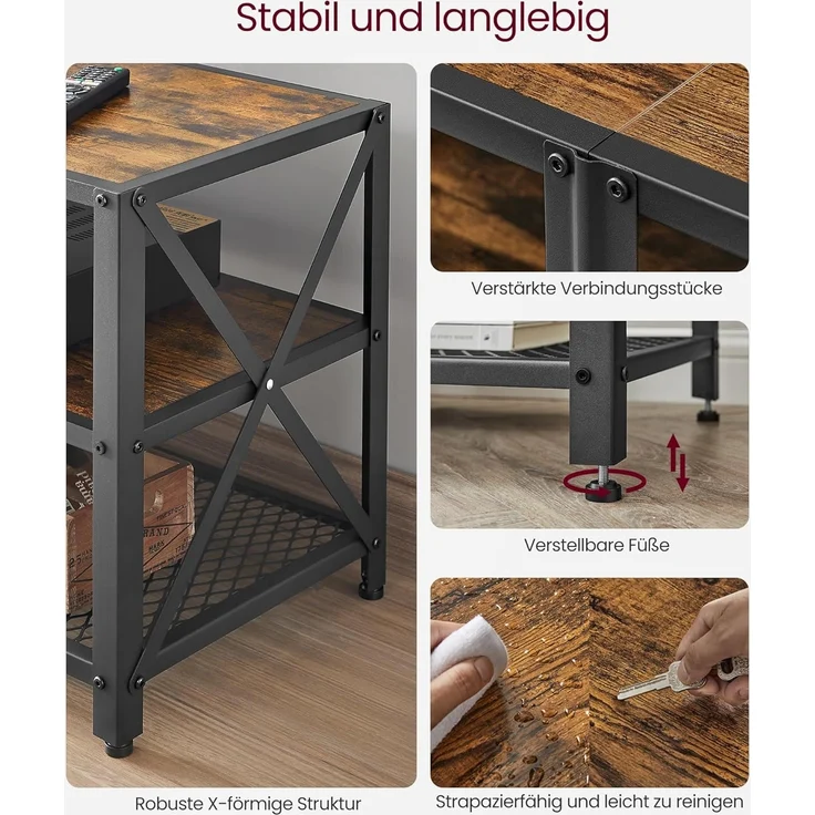 TV-Ständer für Fernseher bis 60 Zoll, TV-Tisch, Entertainment-Center, 3-stufige TV-Konsole, Stahlrahmen, Industriestil, – Bild 5