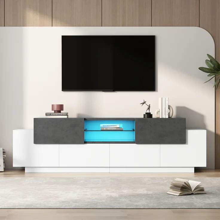 TV-Möbel, Particle Board mit Glasablagen, 180x40x45 cm, Weiß+Grau