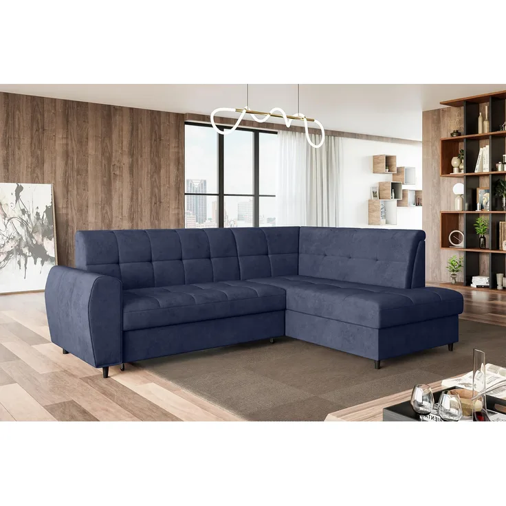 MEBLINI Schlafcouch mit Bettkasten - ASPEN - 236x171x85cm Rechts - Blau Samt - Kleines Ecksofa mit Schlaffunktion - Sofa mit Relaxfunktion - Kleine Couch L-Form - Eckcouch