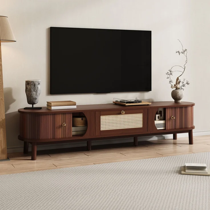TV-Schrank Holz mit Rattanschubladen, Massivholztüren, Schiebetür, stabiles Design,Walnuss – Bild 3