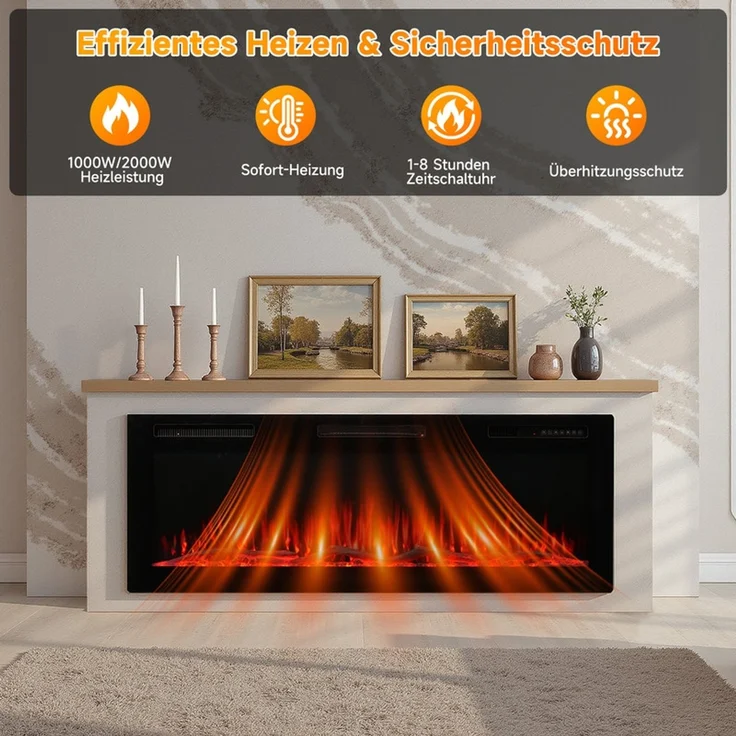 HOMAVO Elektrokamin mit Schrank, 50" 1000/2000W Elektrokamin mit Heizung, 3D-Flammeneffekt, Schrankgröße: 150 x 30 x 60 cm, Fernbedienung & App-Steuerung – Bild 2