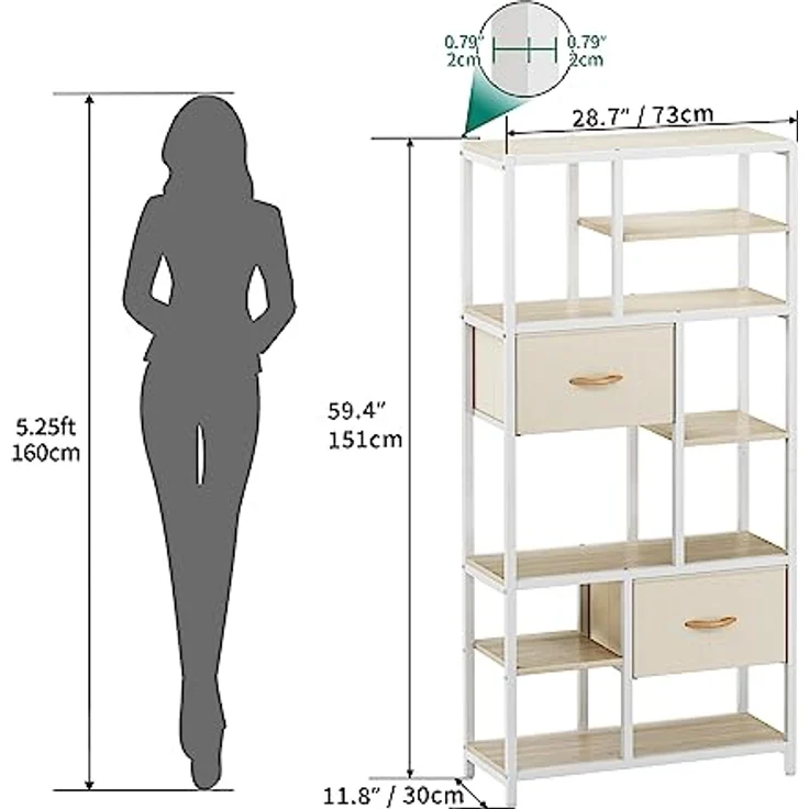 YITAHOME Bücherregal mit Schubladen, 7-stöckiges Standregal mit Stahlrahmen, Bodenstehendes Lagerregal, Industrieregal Aufbewahrungsregal, für Wohnzimmer, Büro, Flur, Küche, Eichenfarbe Regal – Bild 3