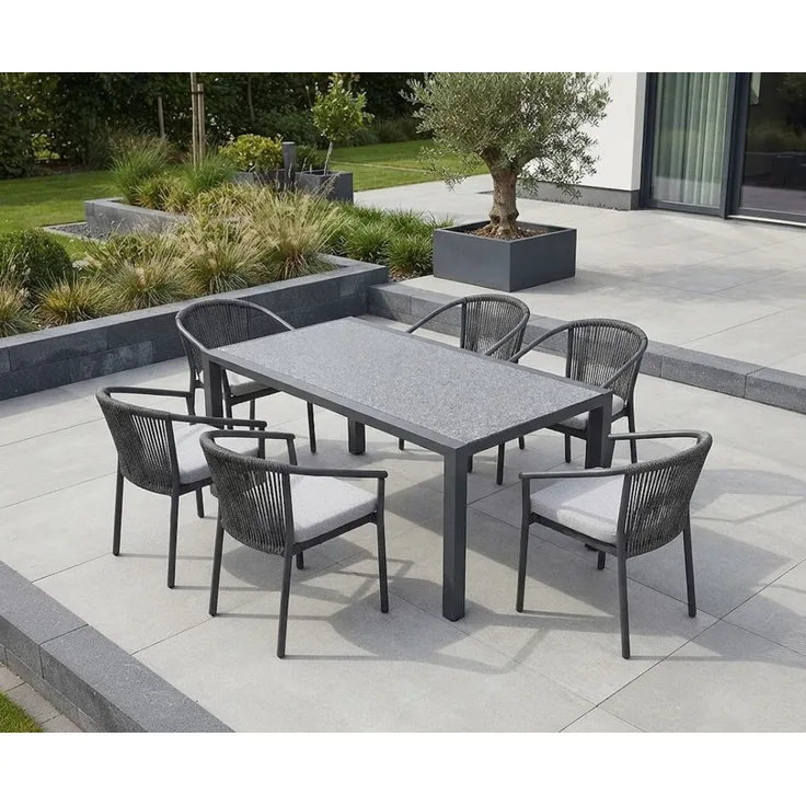 SonnenPartner Garten-Essgruppe Gartenmöbel-Set Finesse / Rondo 6 x Stapelstuhl + 1 mal Tisch, (Spar-Set, 7-tlg, 1 Tisch, 6 Stühle, 6 Auflagen), wetterfest / stapelbar