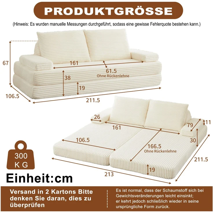Modulares Cord-Sofa mit verschiebbaren Rücken- und Armlehnen, 211,5x106,5x62 cm, Beige – Bild 5