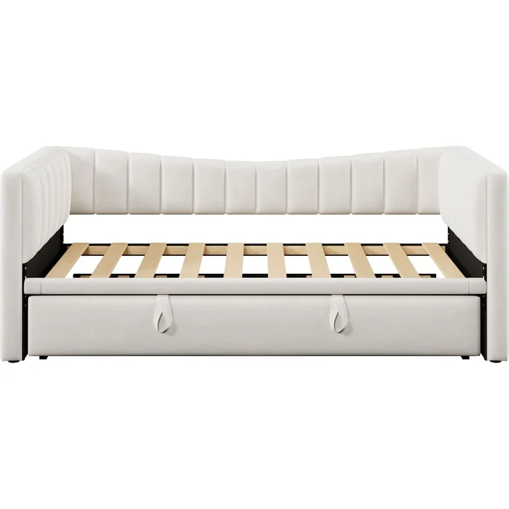 Polsterbett 90x200cm ausziehbar 180x200 cm,Samt Daybett mit ausziehbarem Rollbett, multifunktionales Gästebett in Weiß – Bild 9