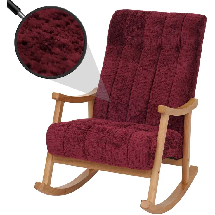 Schaukelstuhl HWC-K10, Relaxsessel, Holz FSC® Stoff/Textil Chenille (465g/m²) ~ bordeaux, Gestell natur – Bild 1