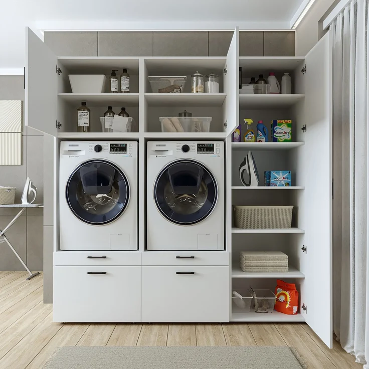 Roomart Waschmaschinenschrank Doppelschrank – SERIE 2 – 194 cm breit, Überbauschrank für Waschküche & Hauswirtschaftsraum – 205 cm hoch – mit Ausziehbrett & Schubladen – • Weiß – Bild 4