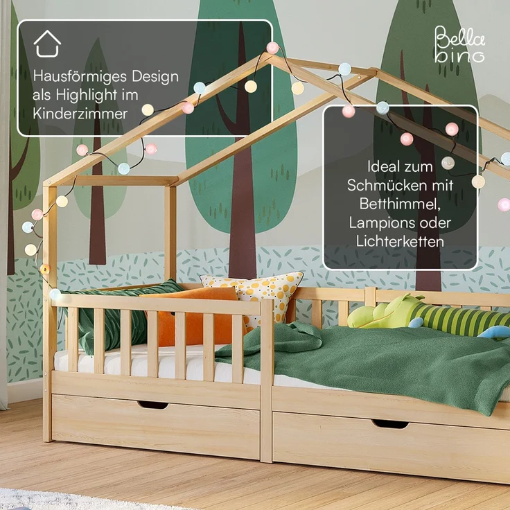 Bellabino 'Bia' Hausbett 90x200 cm mit 2 Schubladen, natur, Kiefer Massivholz, Montessori Kinderbett mit Stauraum, inkl. Rausfallschutz und Lattenrost – Bild 8