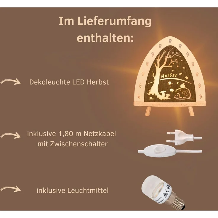 Weigla LED Dekolicht Herbst, Tischleuchte aus Holz, NATUR-BRAUN, Made in Germany, LED wechselbar, Erzgebirge garantiert, Herbstdeko innen, Tischlampe – Bild 2