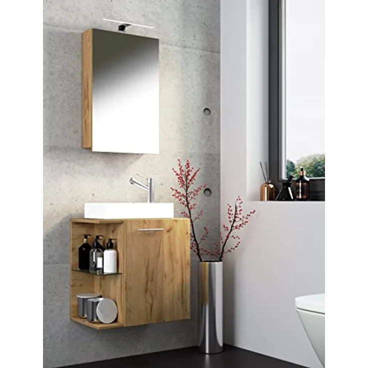 VCM Waschplatz "Hausa", Badmöbelset mit Spiegelschrank und hochwertigem Keramikwaschbecken, Glasfachboden, für WC und Gästetoilette – Bild 3