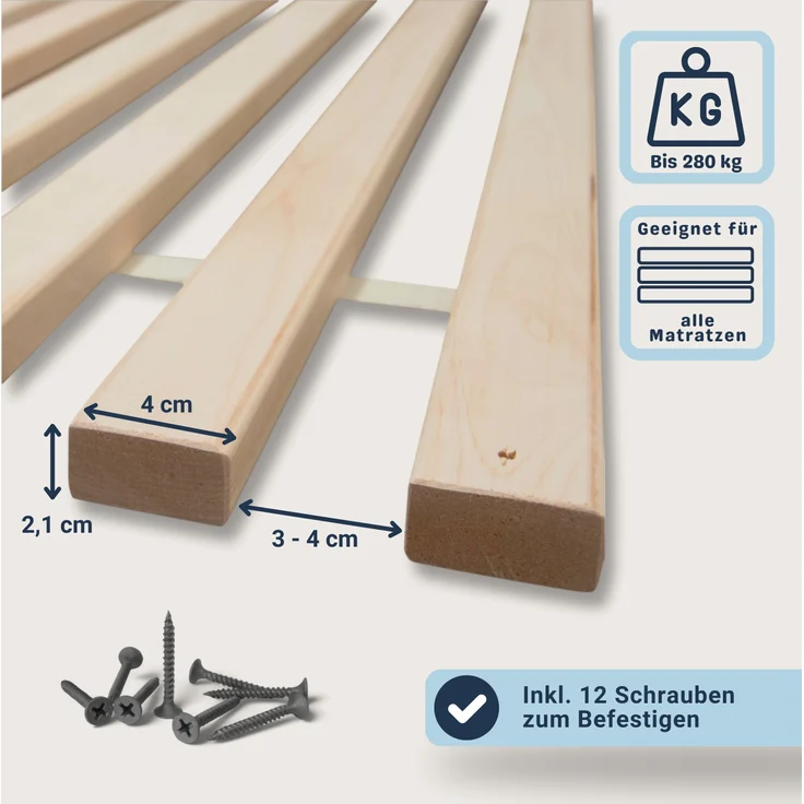 Madera XXL –Rollrost mit 23 extra stabilen Leisten aus massivem Buchenholz, belastbar bis ca. 280 kg, Größe: 60x120 – Bild 4