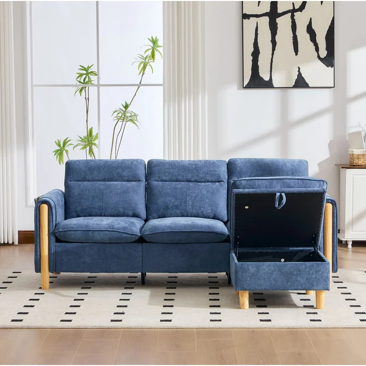 3-Sitzer Ecksofa 201x77x86 cm in Blau mit Stauraumhocker und Seitentaschen – Bild 4