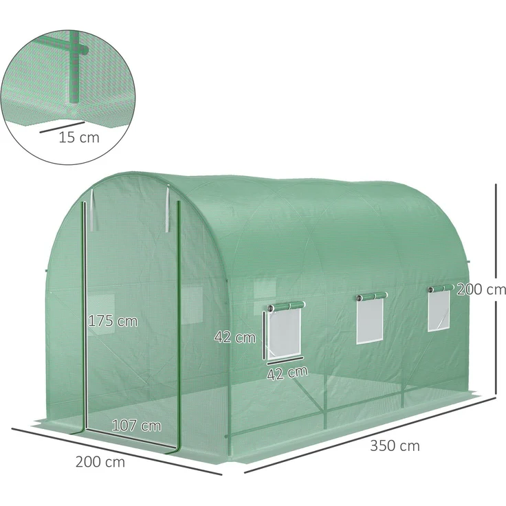 Wohnora-Foliengewächshaus Tomatengewächshaus Treibhaus Folientunnel Frühbeet mit Fenster Grün 350 x 200 x 200 cm,H 200cm x T 350cm x B 200cm – Bild 2