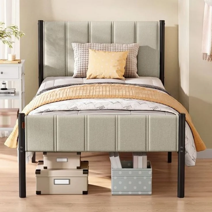 VASAGLE Einzelbettgestell, Bettgestell, 90 x 200 cm, mit gepolstertem Kopfteil, Bettrahmen, Stahl, trägt bis zu 250 kg, einfache Montage, Cappuccino-Beige – Bild 1
