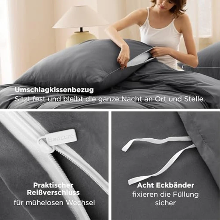 BEDSURE Bettwäsche 155x220 3teilig Anthrazit - Bettwäsche Grau 1 Bettbezug 155x220 cm + 2 Kissenbezüge 80X80 cm, ÖKO-TEX Bettwäsche-Sets Polyester Mikrofaser mit Reißverschluss – Bild 8
