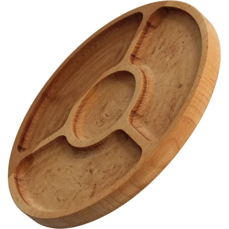 Ø28cm Servierplatte aus natürlichem Holz mit 4 geteilten Fächern, Servierteller von Vorspeisen, Käse und Snacks, Holzplatte Cheeseboard für Fleisch und Käse, Käseplatte, Cheese Board – Bild 3