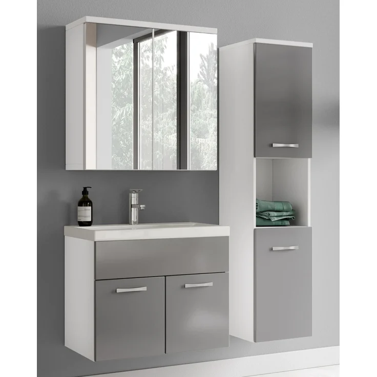 Badplaats Badmöbel Komplettset Montreal 60x35 cm Weiß mit Grau Hochglanz - Badezimmermöbel mit Waschbecken, Spiegelschrank und Badezimmerschrank – Bild 2