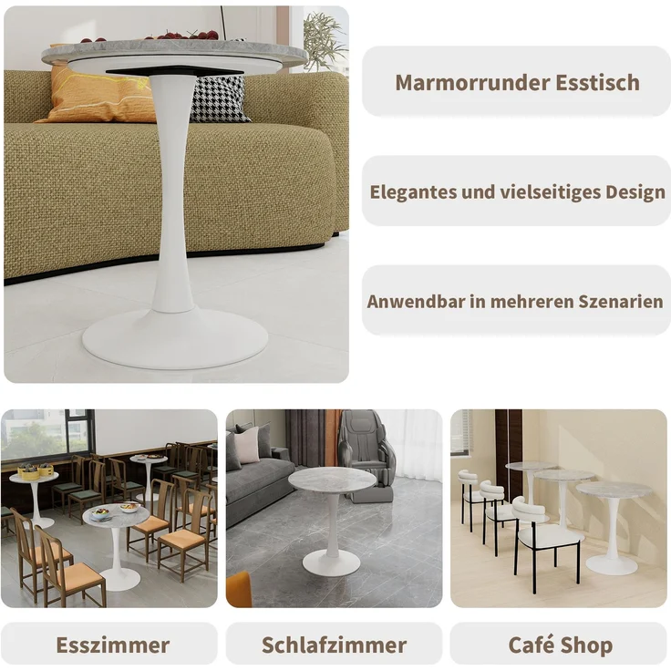 Novelux Runder Esstisch 70cm Marmor-Optik Weiß, Mid-Century Modern Küchentisch für 2-4 Personen, Kaffeetisch mit MDF-Platte & Metallgestell – Bild 4