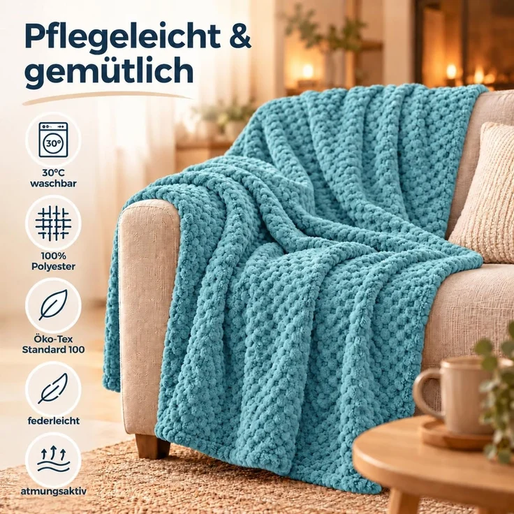 Kuscheldecke "Popcorn" Cashmere Soft-Touch Petrol 150x200 cm – Bild 7