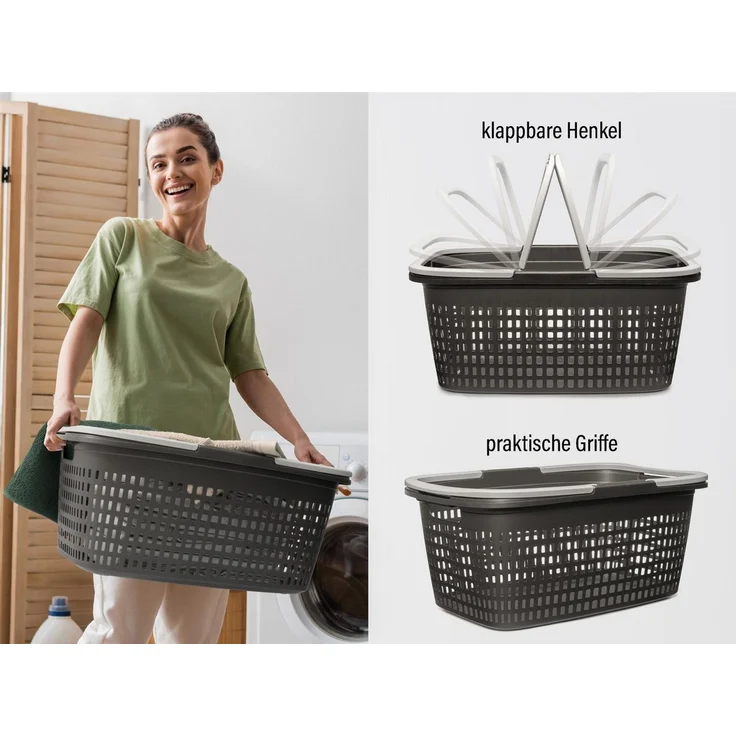 Hausfelder Wäschekorb Wäschewanne 58x37x25cm (Anthrazit-Schwarz, 2 Körbe, 35 l) (Set, 2 St, 2 x Wäschekorb), mit klappbaren Henkeln, mit Griffen, 35 Liter