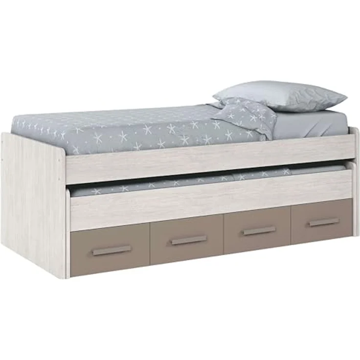 Dmora - Kinderbett Spokane, Bettgestell für Schlafzimmer, Einzelbett mit ausziehbarem Bett und 4 Schubladen, 198 x 96 x 69 cm, Weiß und Braun – Bild 2