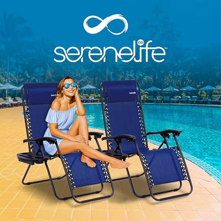 SereneLife Gartenliege Wetterfest, Sonnenliege Klappbar & Verstellbar als Liege, Sonnenstuhl als Gartenbett, Deckchair 2er Set Dunkelblau, Klappliegestuhl mit Seitentisch, Kopfkissen & Getränkehalter – Bild 9