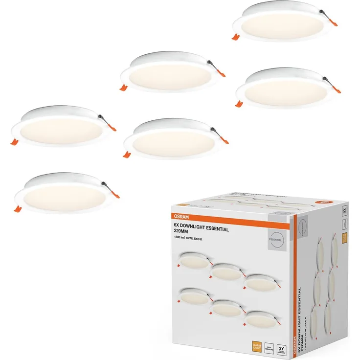 Osram Essential LED Einbaustrahler 220mm 18W Weiß, Downlight warmweiß 3000K, Deckenspot Einbau PP-Gehäuse IP20