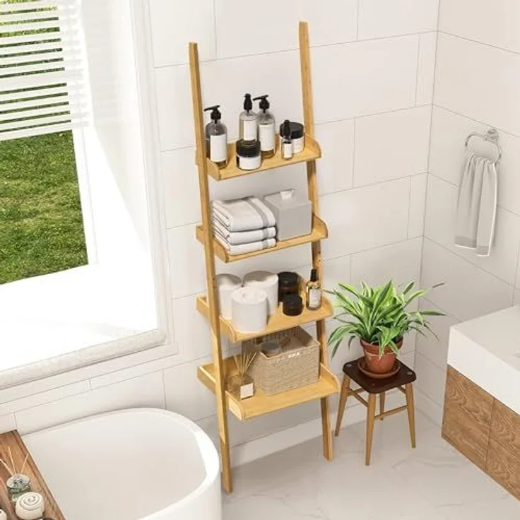 Ribelli Leiterregal mit 4 Ablagen, Bücherregal aus 100% Bambus, ca. 33T x 43,5B x 175H cm, Standregal gegen Wand für Arbeitszimmer, Wohnzimmer, Badezimmer, Küche, 510301 – Bild 4