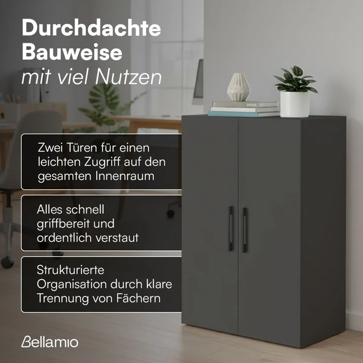 Bellamio 'Apol' Mehrzweckschrank, anthrazitschwarz, 88x33x60 cm, kleiner Aktenschrank mit 3 Fächern – Bild 4