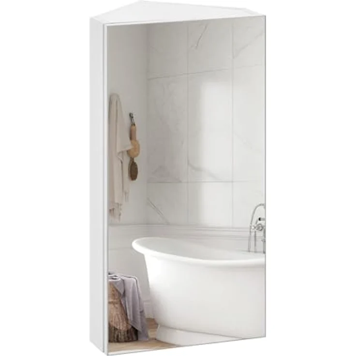 TUKAILAI Spiegelschrank Bad, Badschrank mit Spiegel mit 2 Regalebenen, Eckspiegel Badezimmerschrank, Badezimmerspiegel mit Türen, Spiegelschrank Bad mit Ablagen, Weiß – Bild 2