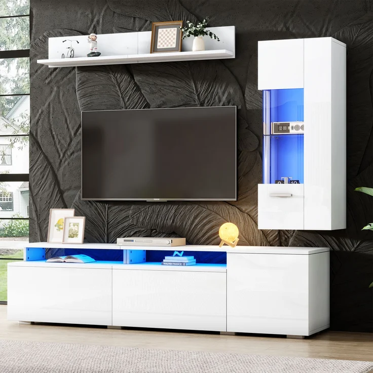 TV Wohnwand Set 3-teilig LED Beleuchtung Hochglanz Wohnzimmer Möbel Set Frontale Wohnwand 1 x TV Schrank, 1 x Wohnzimmer Vitrine, 1 x Hängeregal, TV bis 80' Weiß--Weiß--77.5x54.61x22cm--YOUDENOVA – Bild 8