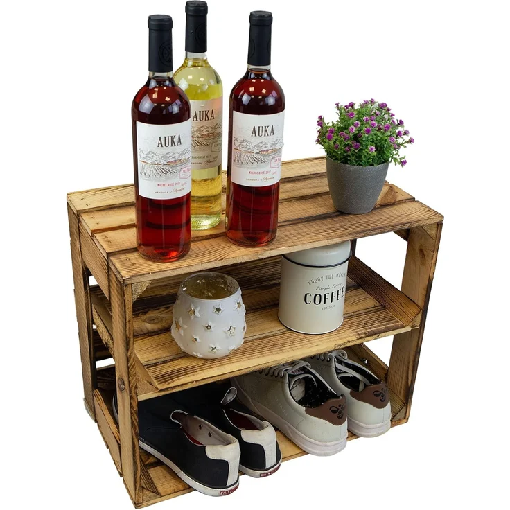 flambierte/geflammte Bücherregal - Schuhregalkiste mit Zwischenbrett/Mittelbrett Einlage ca 50 x 40 x 30 cm / Apfelkisten Weinkisten Holzkisten aus dem Alten Land (GEFLAMMT OFFEN MIT Einlage LÄNGS)