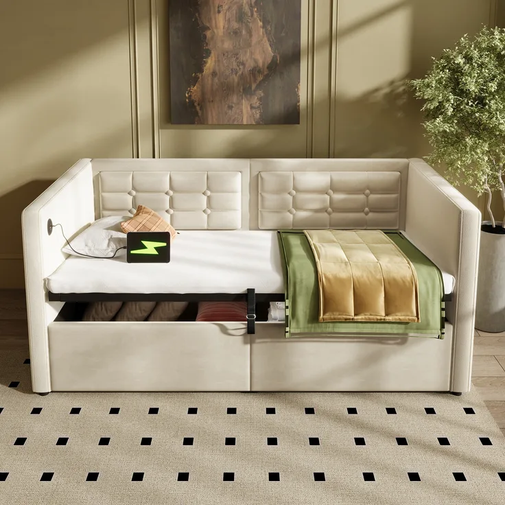 Polstertes Schlafsofa, Samt mit USB-Ladestation, 90x200 cm, Beige, ohne Matratze