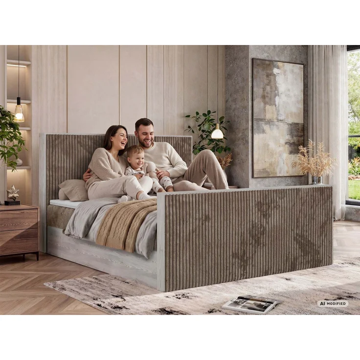 Boxspringbett NORDIC DUO 160 x 200 cm mit Matratze H3, hohe Kopfteil Doppelbett inkl. Topper T25 Holzoptik zwei Bettkästen - Grau Cord – Bild 3