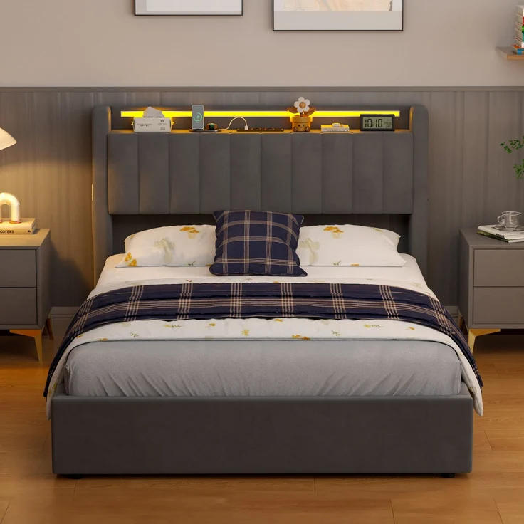 Polsterbett 140 x 190 cm aus Samt mit integriertem Stauraum, USB-Anschluss und LED-Beleuchtung, Dunkelgrau – Bild 3