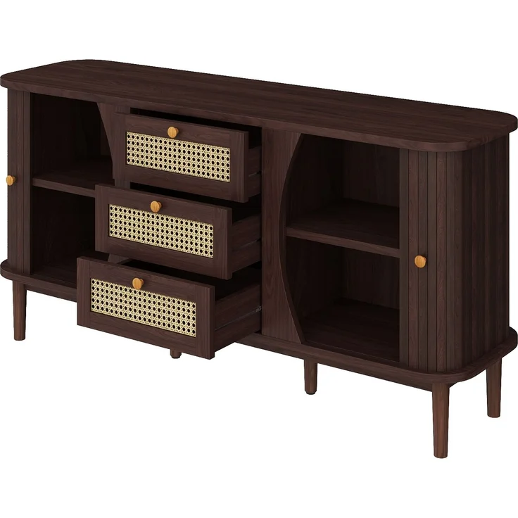 Merax Sideboard, Rattankommode, Kommode mit Schiebetüren, verstellbaren Einlegeböden und abgerundeter Platte, Walnuss – Bild 6