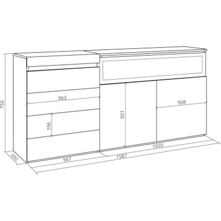 Skraut Home | Kommode mit Schubladen | Aufbewahrungsschrank | 157 x 75 x 35 cm | Für Schlafzimmer, Zimmer | Elektrokamin. | Moderner Stil | Weiß und Schwarz – Bild 4