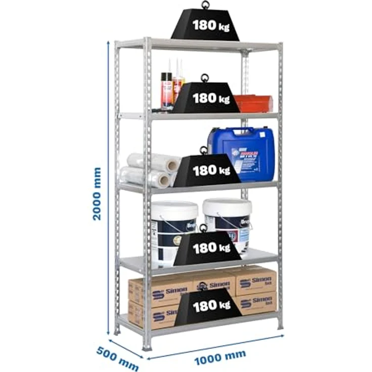 SimonRack Metallregale, 2000 x 1000 x 500 mm, 5 Regalböden, 180 kg Flexion-Punkt, Industrie-Regal, Grau/Galva - Simonclick – Bild 4