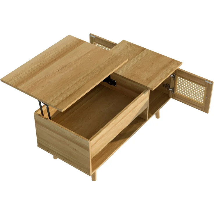 Merax Couchtisch mit anhebbarer Tischplatte und Rattan-Türen, Holzfarbe mit schwarzen Akzenten, Holzfarbe – Bild 8