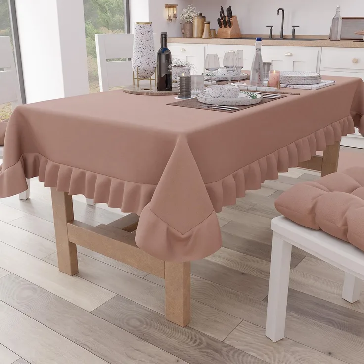Petti Artigiani Italiani - Tischdecke mit Volant, Tischdecke, rechteckige Küchentischdecke mit Volant, einfarbige Tischdecke aus Baumwolle, X12-Sitzer (140x240 cm) Puder