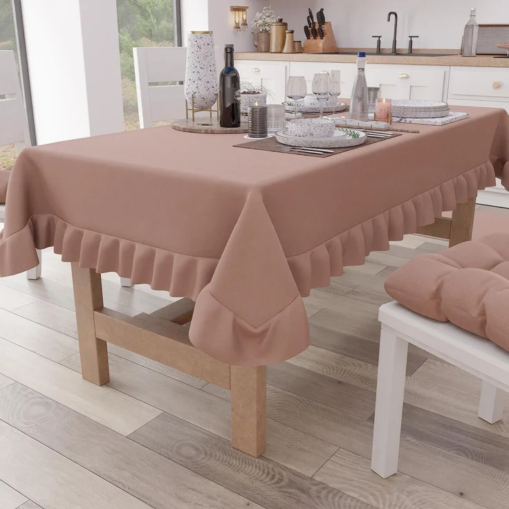 Petti Artigiani Italiani - Tischdecke mit Volant, Tischdecke, rechteckige Küchentischdecke mit Volant, einfarbige Tischdecke aus Baumwolle, X12-Sitzer (140x240 cm) Puder