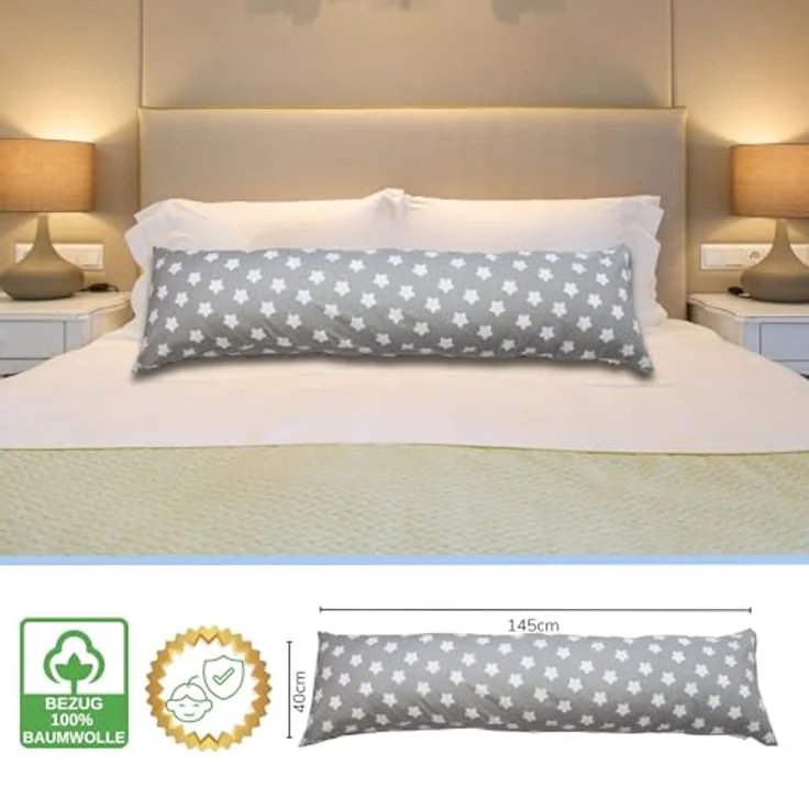 EMI & SAM Stillkissen Bezug Ersatzbezug 40x145cm für Seitenschläfer, 11L. Sterne Weiß / Grau - Bezug – Bild 6
