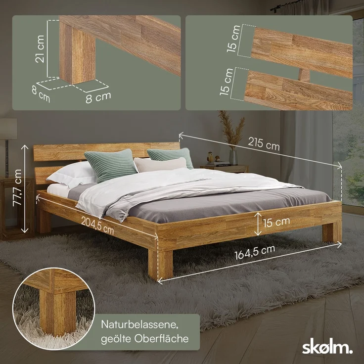 skølm 'Floki' Bett 160x200 cm, Bettgestell, natur geölt, Massivholzbett aus Eiche, Doppelbett mit Bettkopf – Bild 6