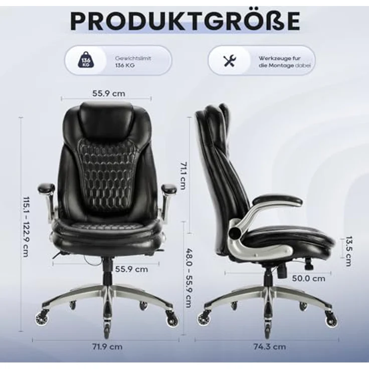 COLAMY Hochlehner Chefsessel aus Leder, Ergonomischer Bürostuhl mit Flip-up-Armlehnen & höhenverstellbar - Office Chair mit leisen Rollen für Homeoffice und Büro-Schwarz – Bild 4