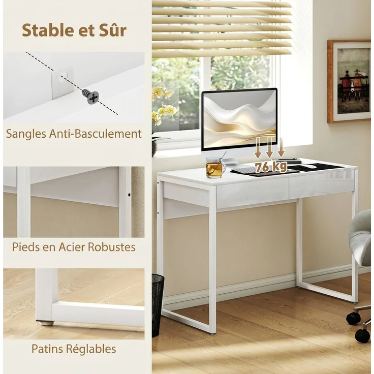 Schreibtisch mit 2 Schubladen, Computertisch 100 x 50 cm, moderner Schreibtisch mit Stahlgestell, für kleine Räume, Hochglanzweiß – Bild 8