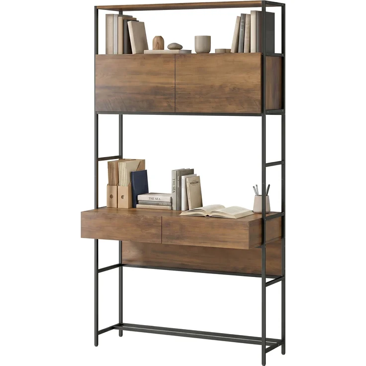 MELAYR, Computertisch mit Regalen und 2 Schubladen für das Home Office, 185 cm hoch, Braun Holzoptik – Bild 2