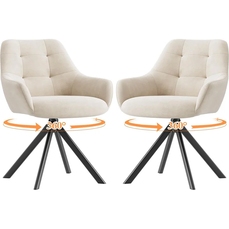 MALOL Drehbare Esszimmerstühle 2er Set, 360° Drehbare Armlehnstühle mit weichem Florstoff & Metallgestell, Bequeme Esszimmerstühle Drehbar mit Rückenlehne für Küche, Esszimmer, Büro, Beige