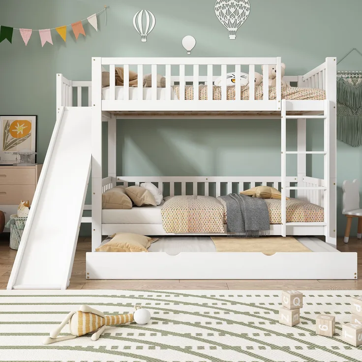 Bett Etagenbett 90x200/90x190 cm mit Rutsche und Ausziehbett – weißes Kinderhochbett